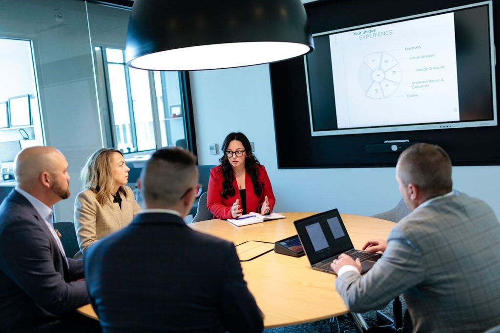 Kim Wendy and Omaha Advisor team in a meeting at the office